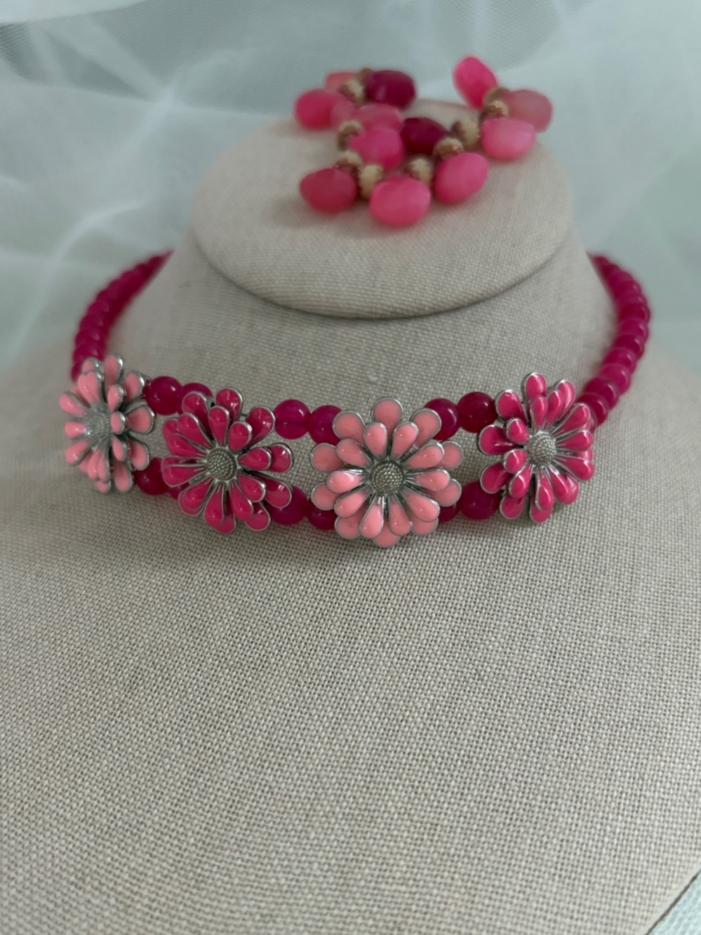 Glass Beaded Pink Floral Choker Necklace and Bracelet Set - Picture 1 of 13